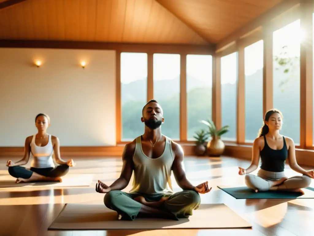 Un grupo en meditación Vipassana para la claridad, inmersos en serena introspección en un salón iluminado