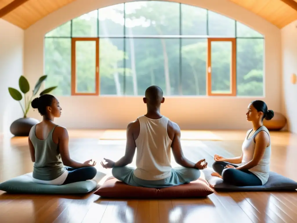 Grupo en meditación Vipassana contemporánea, concentrados y serenos, en un espacio tranquilo con luz natural y decoración minimalista