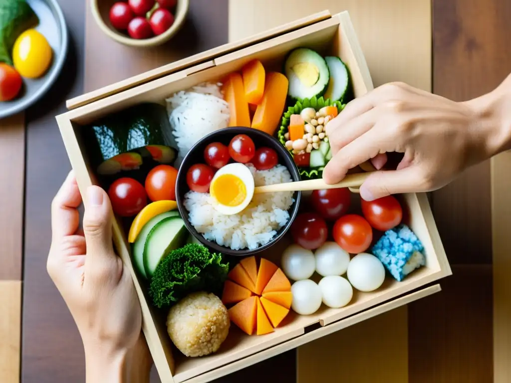 Un guerrero cuidadosamente envuelve una caja bento con ingredientes frescos, resaltando la disciplina en la Dieta del Guerrero en Artes Marciales