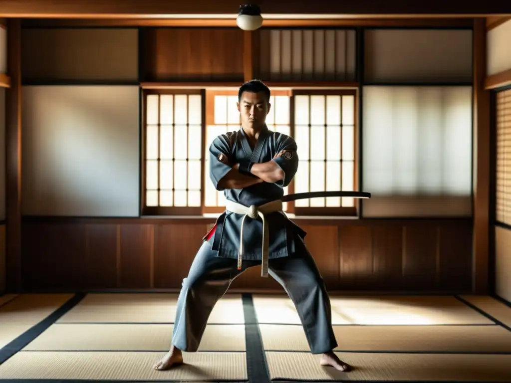 Un guerrero moderno en un dojo tradicional, con la luz del sol creando sombras dramáticas en los tatamis