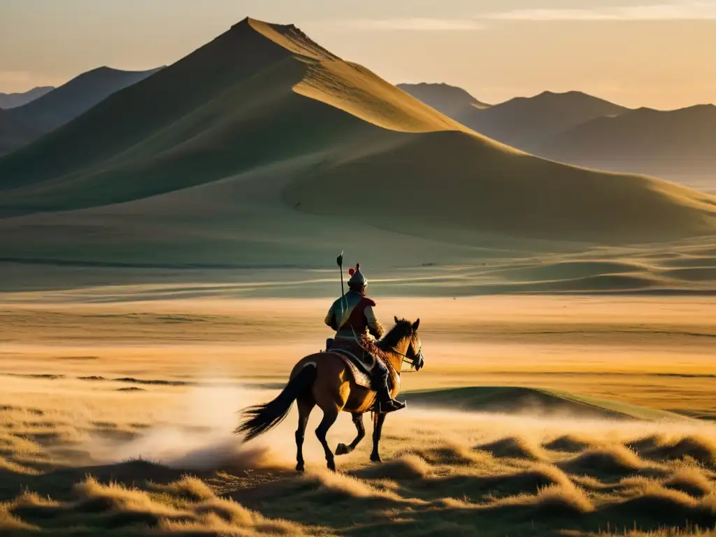 Un guerrero montado en un caballo solitario observa la estepa mongol al atardecer, reflejando el liderazgo estratégico en Asia