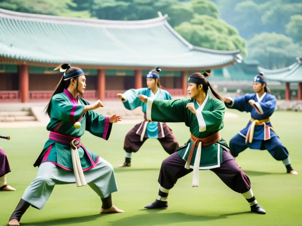 Guerreros Hwarang de la antigua Corea practican artes marciales en un campo verde exuberante, con trajes tradicionales y armaduras