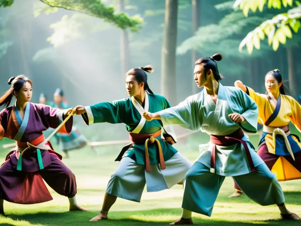 Guerreros Hwarang practicando artes marciales en el bosque sereno de Corea Silla, mostrando agilidad y disciplina