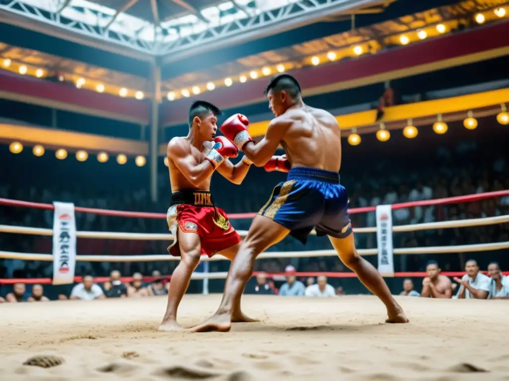 Dos guerreros de Muay Thai luchan en una antigua arena al aire libre, mientras la multitud anima apasionadamente