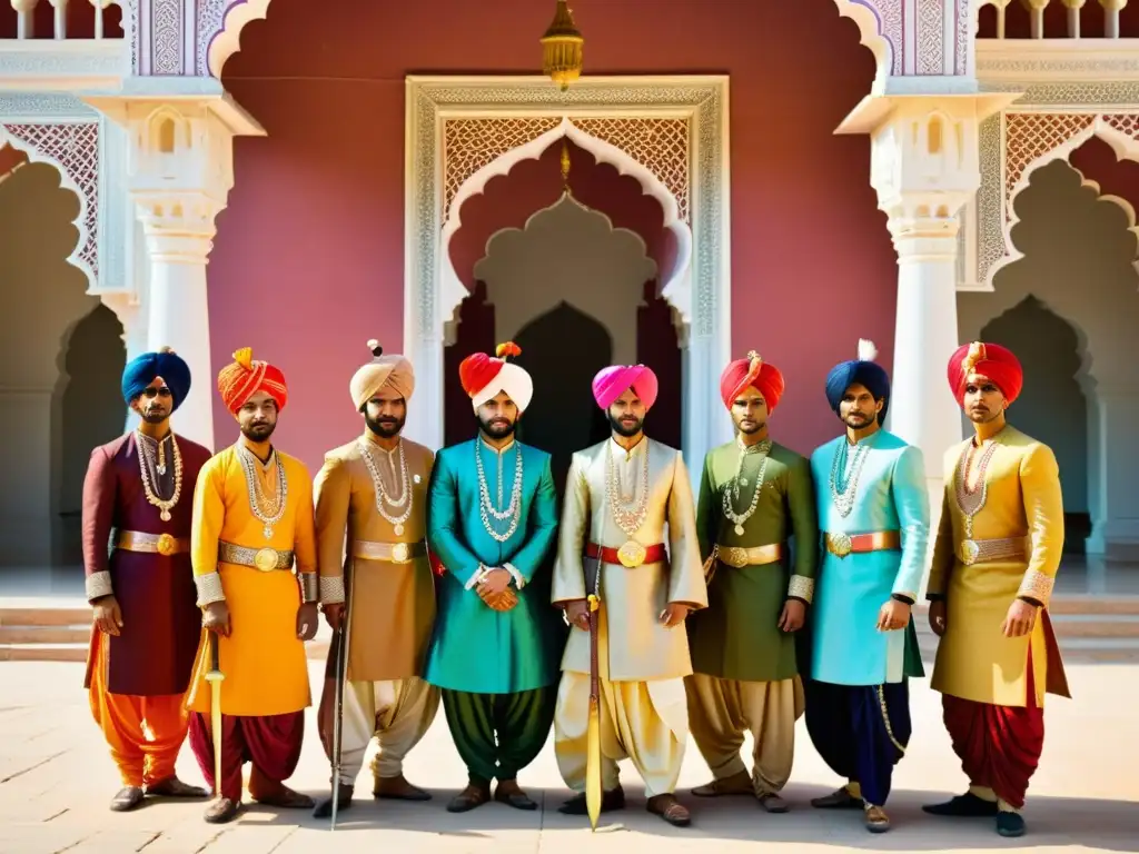 Vestimenta guerreros Rajput India en frente de un majestuoso palacio, orgullosos y magníficos en su atuendo tradicional