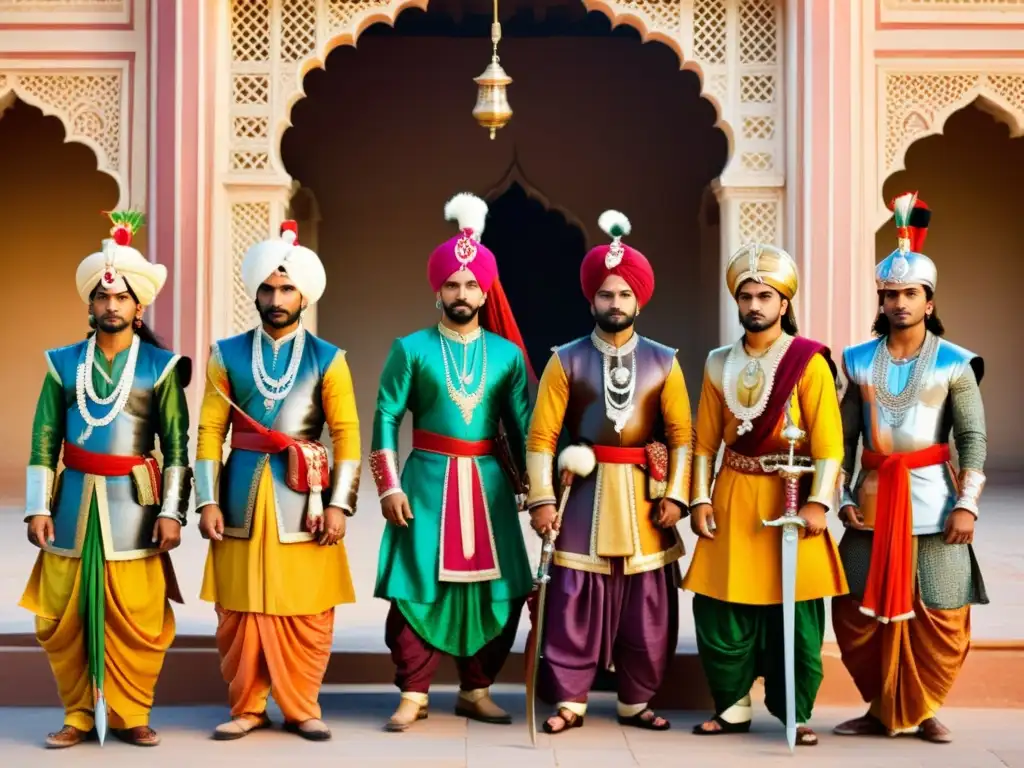 Vestimenta guerreros Rajput India: Grupo de guerreros Rajput en armadura tradicional y colorida, con palacio de fondo