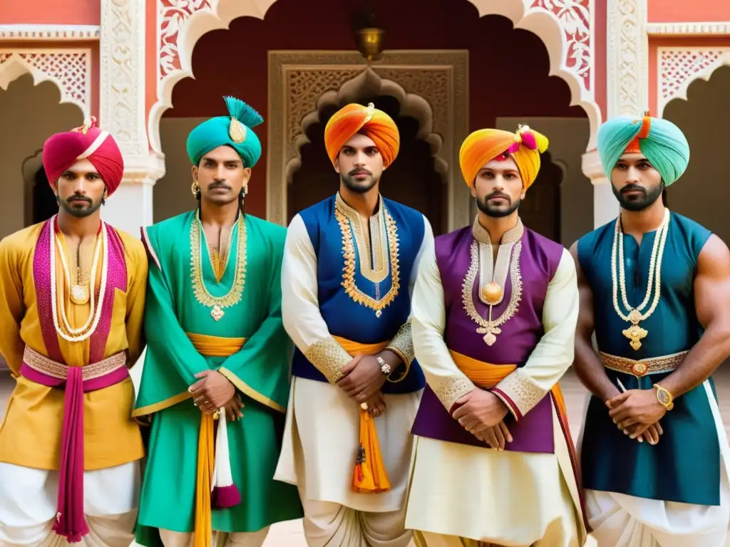 Vestimenta guerreros Rajput India en un patio real con detalles intrincados y murales coloridos, destacando su elegancia y valor atemporal