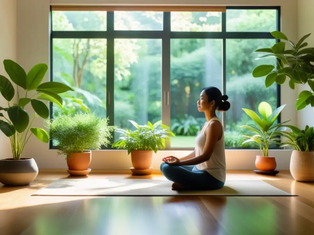 Meditación guiada para sanación profunda: Persona en meditación, rodeada de luz y naturaleza en un ambiente sereno y calmado