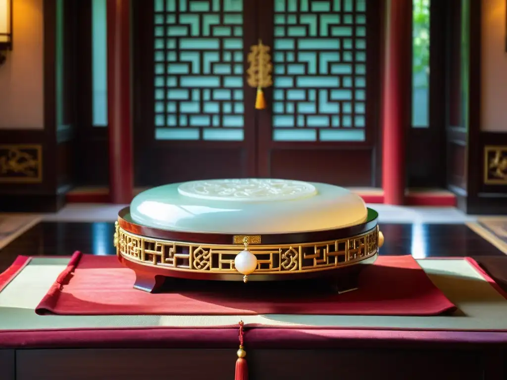 Un guqin de jade reposa en un cojín de seda carmesí en la opulenta corte imperial china, iluminado por luz de velas