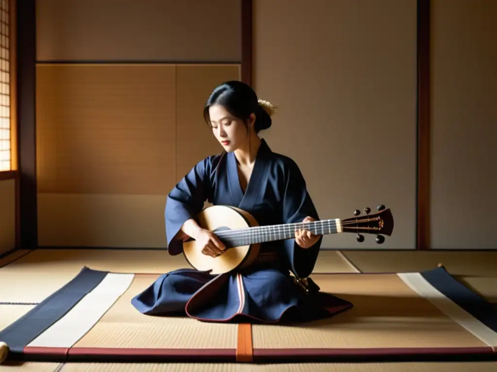 Un hábil intérprete de shamisen realiza una actuación tradicional japonesa en un tatami, mostrando técnica y significado cultural