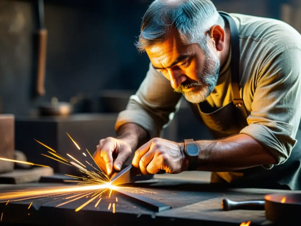 Un hábil artesano trabaja el acero de Damasco en su taller, con manos curtidas por el tiempo