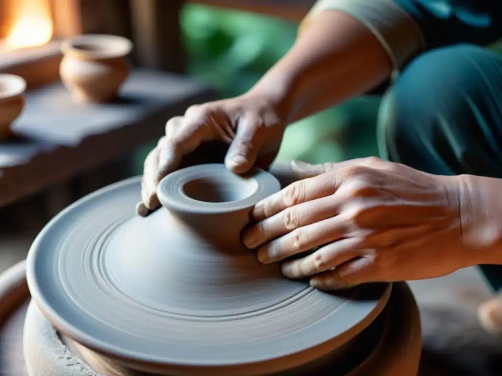 Un hábil artesano moldea arcilla en un torno, creando arte milenario cerámica china con herramientas antiguas y la calidez del horno al fondo