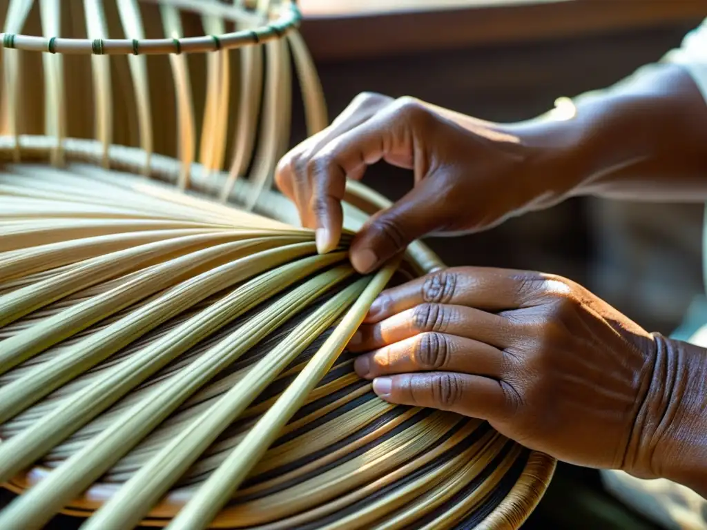 Un hábil artesano asiático teje con precisión cañas vibrantes, simbolizando el significado simbólico de la cestería asiática