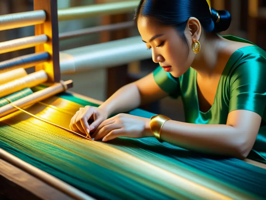 Un hábil artesano asiático teje patrones detallados en seda con un resplandor cálido, en un taller iluminado por la suave luz del día