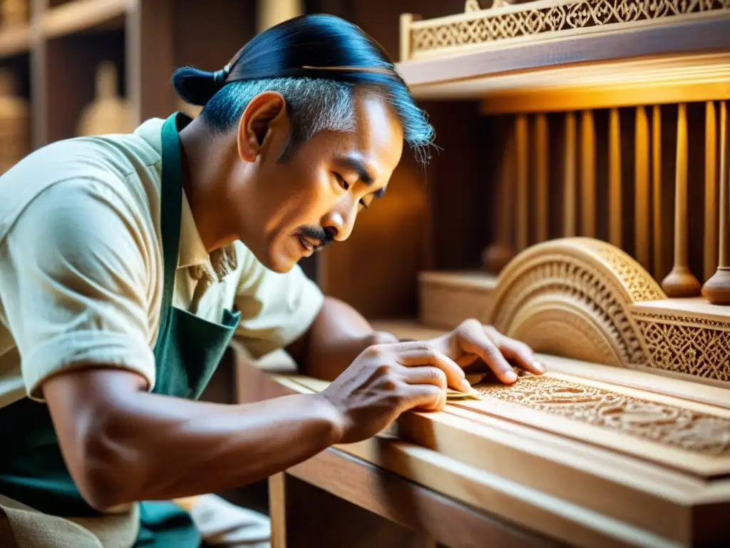 Un hábil artesano asiático esculpe con precisión una pieza de madera tradicional