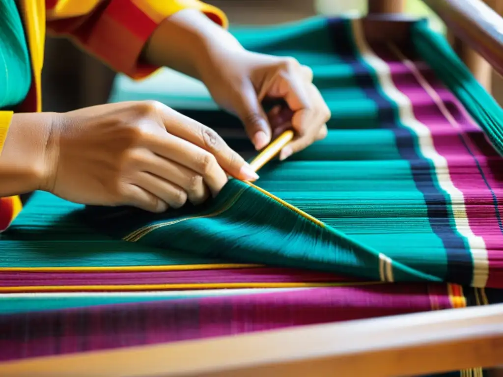 Un hábil artesano en Asia Central teje patrones intrincados en un vibrante textil Ikat, preservando la identidad cultural