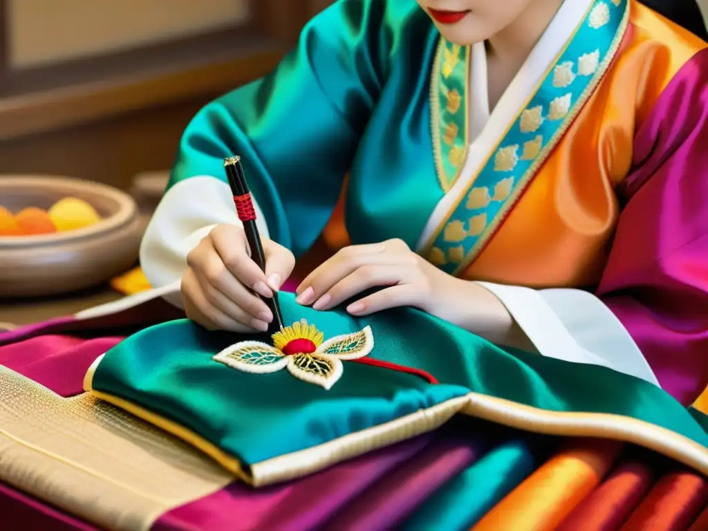 Un hábil artesano coreano confecciona un Hanbok tradicional, fusionando tradición y modernidad en un vibrante y detallado bordado de telas coloridas