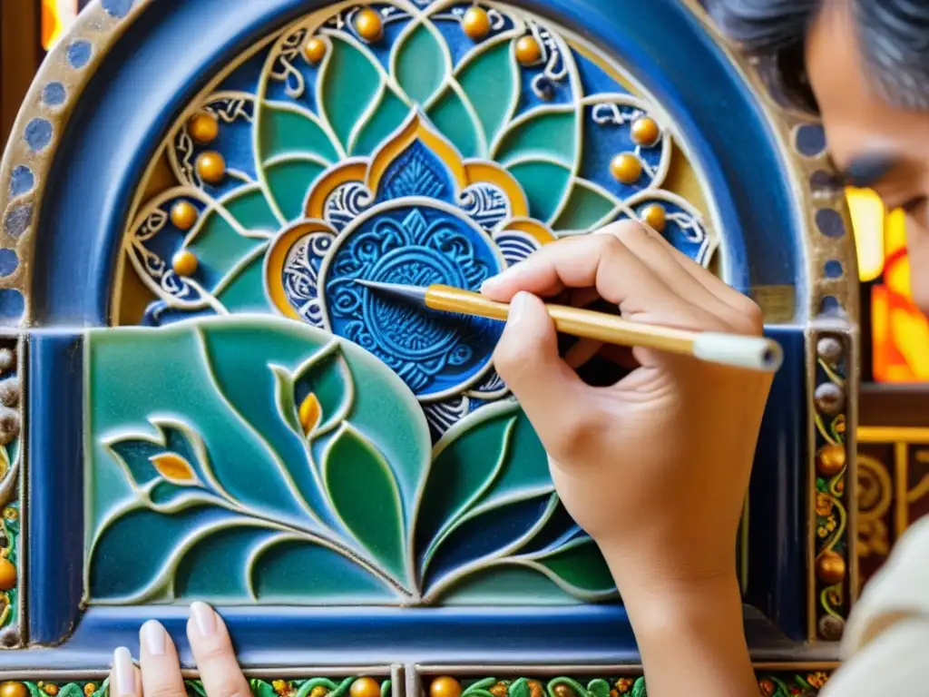 Un hábil artesano restaura con delicadeza un mural de azulejos en un templo asiático, con patrones de henna en sus manos