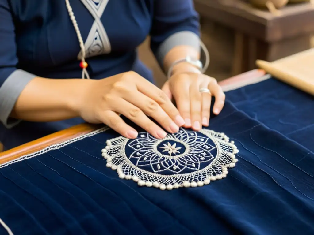 Un hábil artesano de Hoi An, Vietnam, borda con precisión un diseño tradicional vietnamita en un rico y profundo tejido índigo