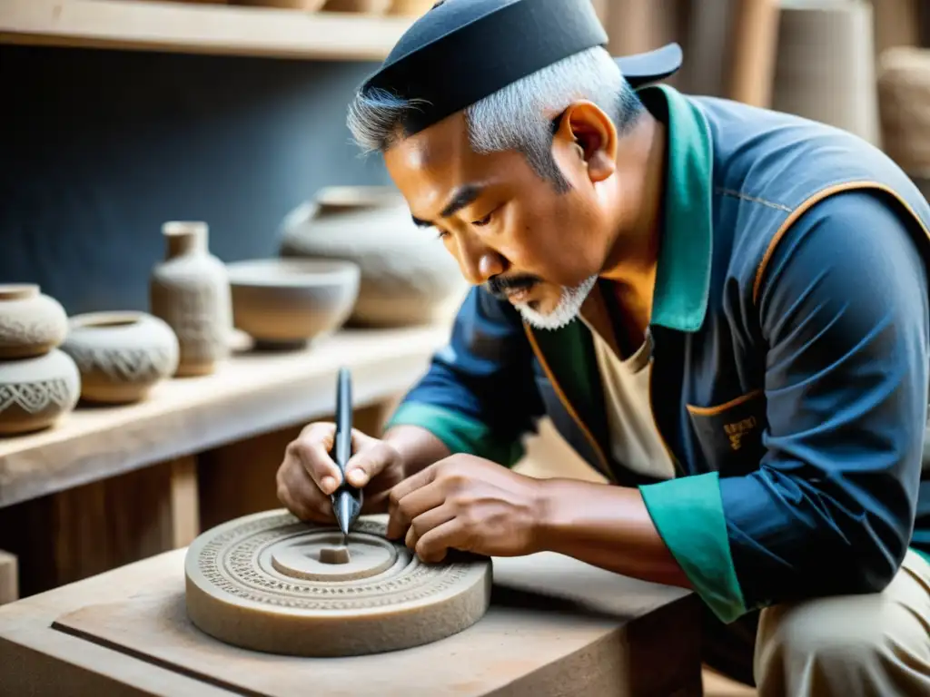 Un hábil artesano de Asia talla una escultura en piedra con precisión, rodeado de herramientas tradicionales