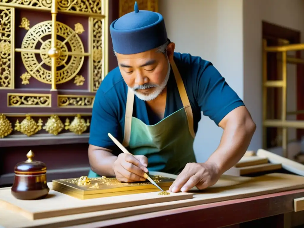 Un hábil artesano restaura con esmero una obra maestra arquitectónica asiática centenaria, aplicando delicadamente láminas de oro a intrincados grabados rodeado de herramientas tradicionales