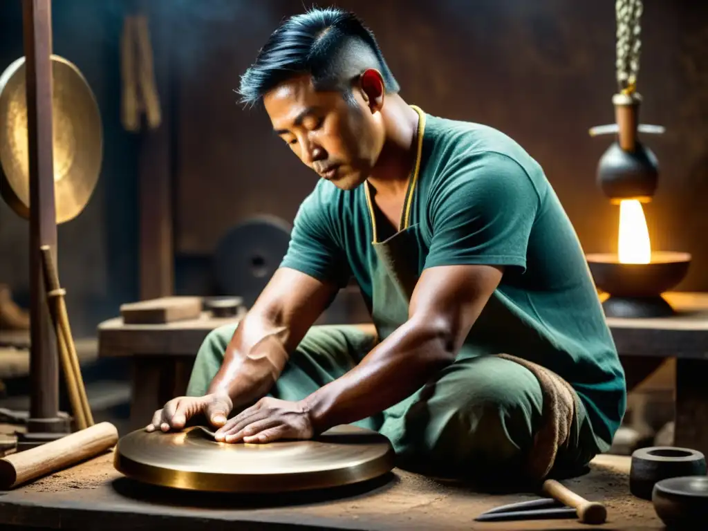 Un hábil artesano martilla un gong de bronce en su taller, rodeado de herramientas