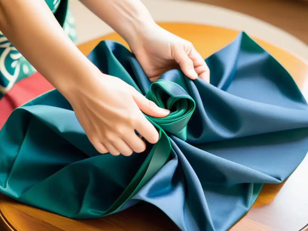 Un hábil artesano envuelve con gracia un regalo con un hermoso pañuelo furoshiki, demostrando el arte del furoshiki japonés sostenible con elegancia y precisión