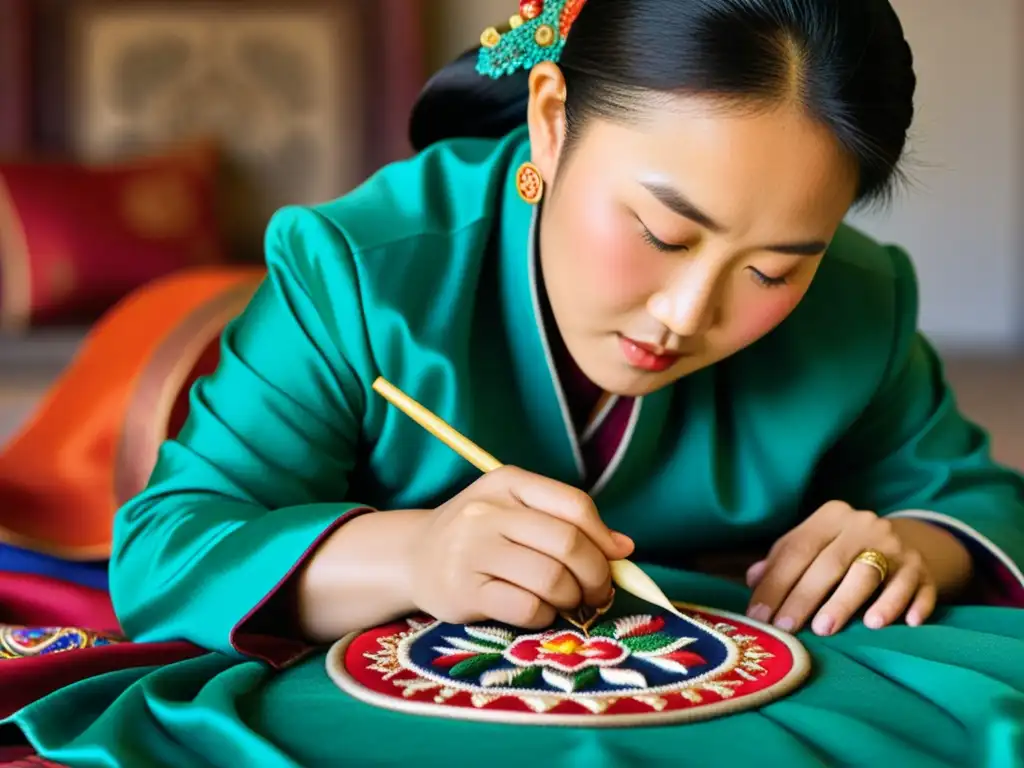 Un hábil artesano mongol borda un patrón tradicional con detalle, rodeado de colores vibrantes y diseños intrincados