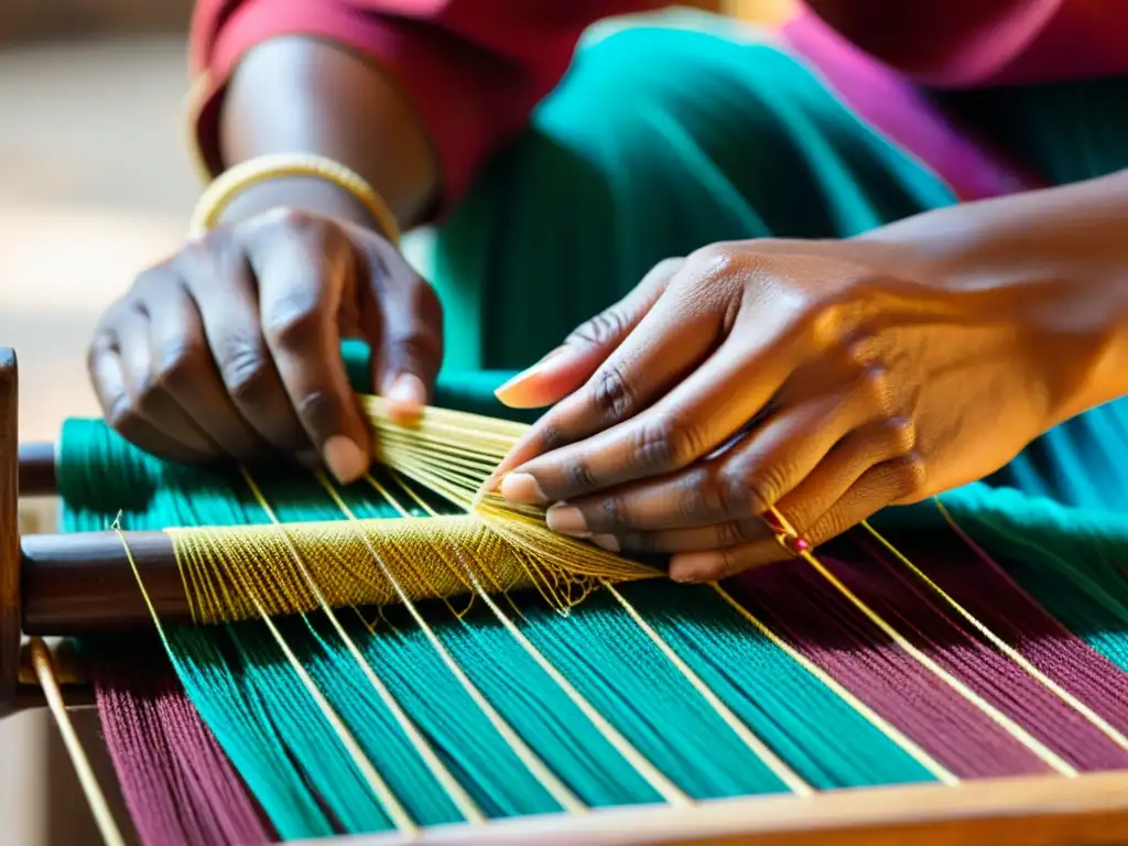 Un hábil artesano teje meticulosamente un patrón textil vibrante en un telar tradicional, capturando la esencia del arte textil de India historia