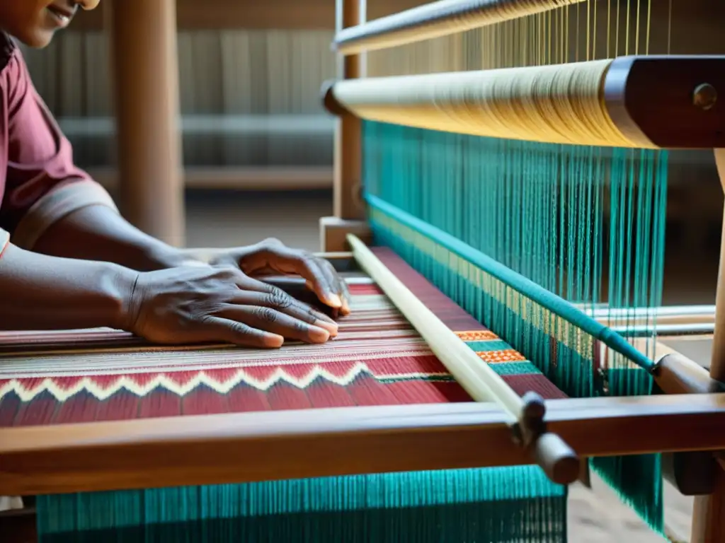 Un hábil artesano teje patrones de identidad en Asia Central en un telar tradicional, destacando la artesanía meticulosa y la rica tradición cultural