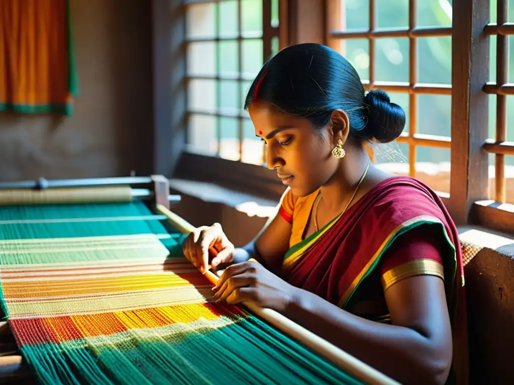 Un hábil artesano teje patrones en un telar tradicional de la India, mostrando la rica historia del arte textil y su herencia cultural