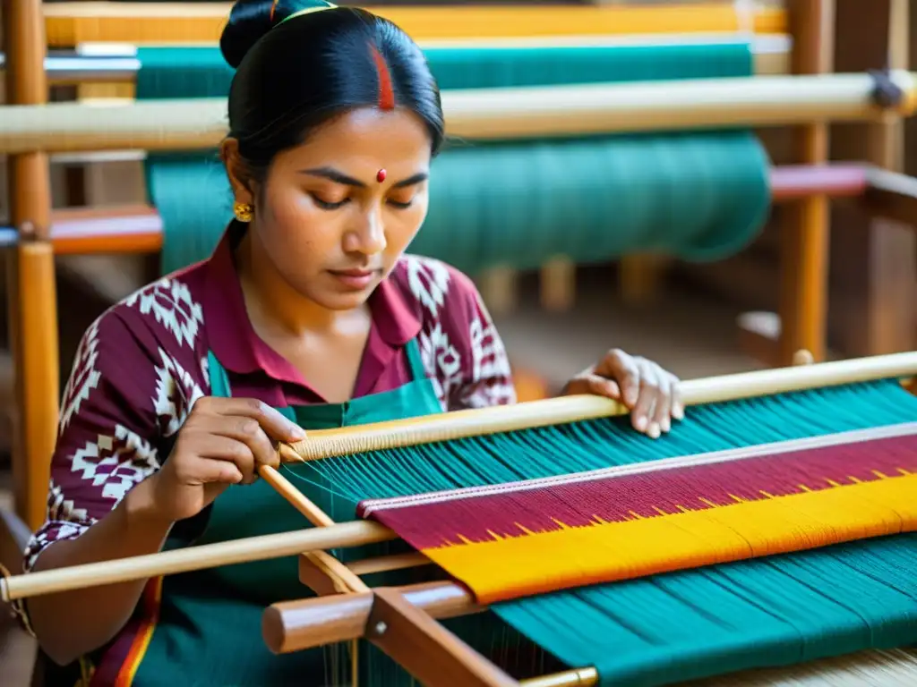 Un hábil artesano tejiendo patrones ikat en un telar tradicional, resaltando la rica tradición de los patrones de identidad en Asia Central