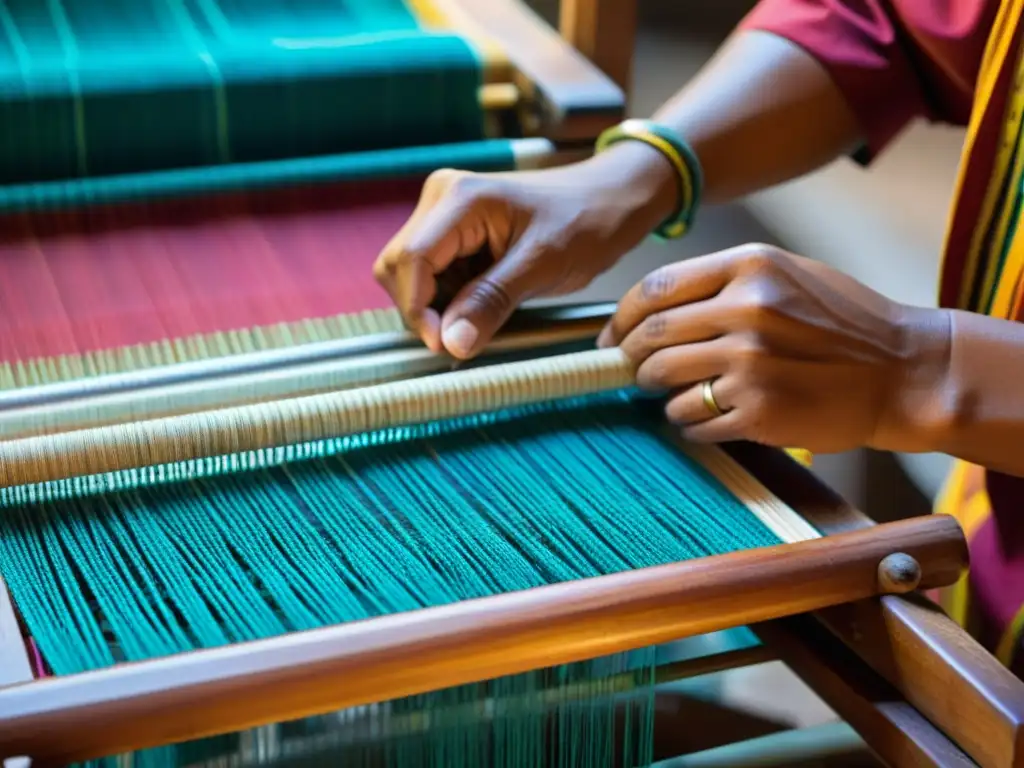 Un hábil artesano teje patrones vibrantes en un telar tradicional, destacando la identidad cultural y los patrones de identidad en Asia Central