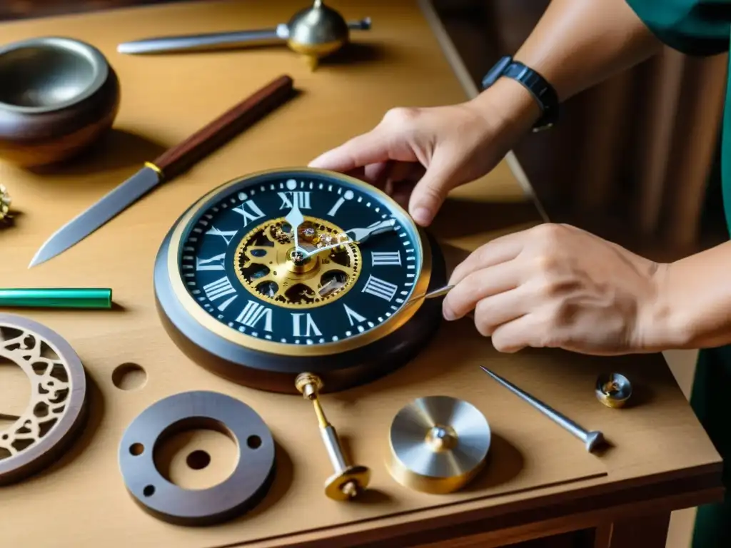 Un hábil artesano cuida con precisión un reloj de pared asiático en un ambiente tranquilo y sereno