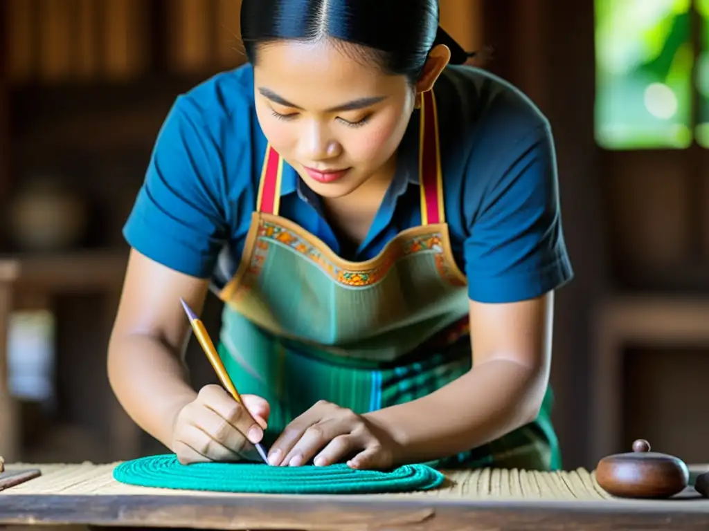 Un hábil artesano del reino de Lanna elabora con precisión una obra de arte tradicional, resaltando la rica herencia cultural