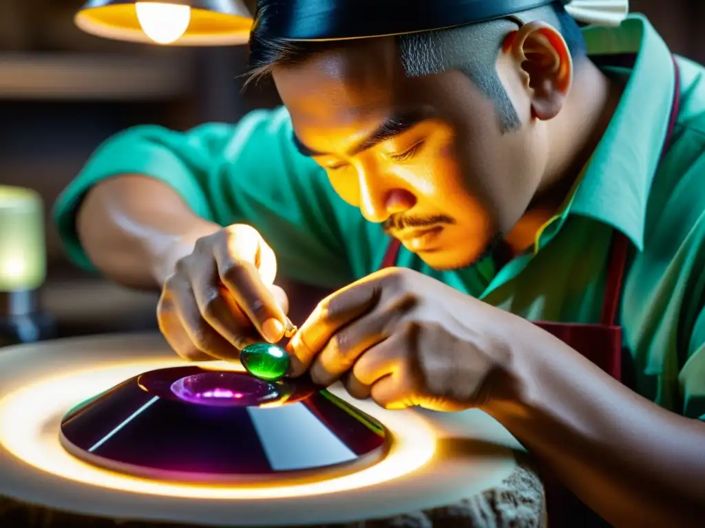 Un hábil artesano talla y pule con destreza una preciosa gema, resaltando la inversión en joyería de Oriente