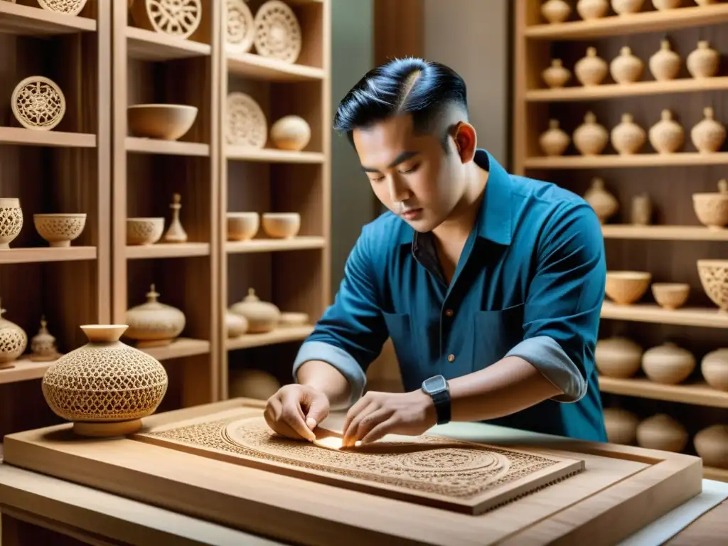 Un hábil artesano en un taller asiático tradicional, combina la manufactura digital con la artesanía tradicional