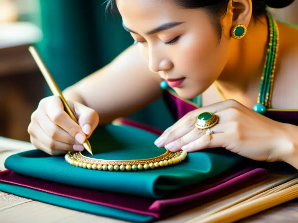 Un hábil artesano en un taller asiático tradicional crea un accesorio lujoso y ornamental