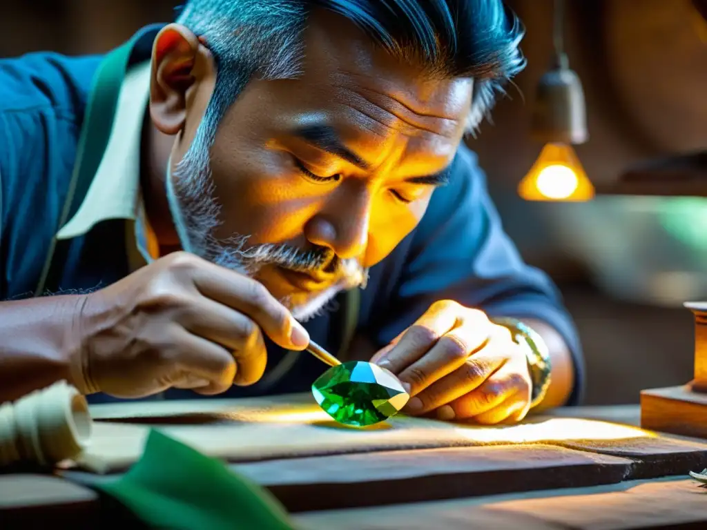 Un hábil artesano en un taller tradicional de Asia esculpe una joya única, reflejando la inversión en joyería de Oriente