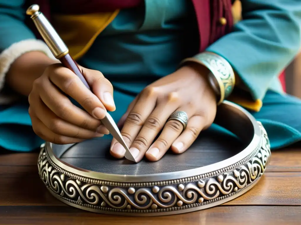 Un hábil artesano tibetano talla con delicadeza un brazalete de plata, capturando la esencia espiritual de la joyería tradicional tibetana