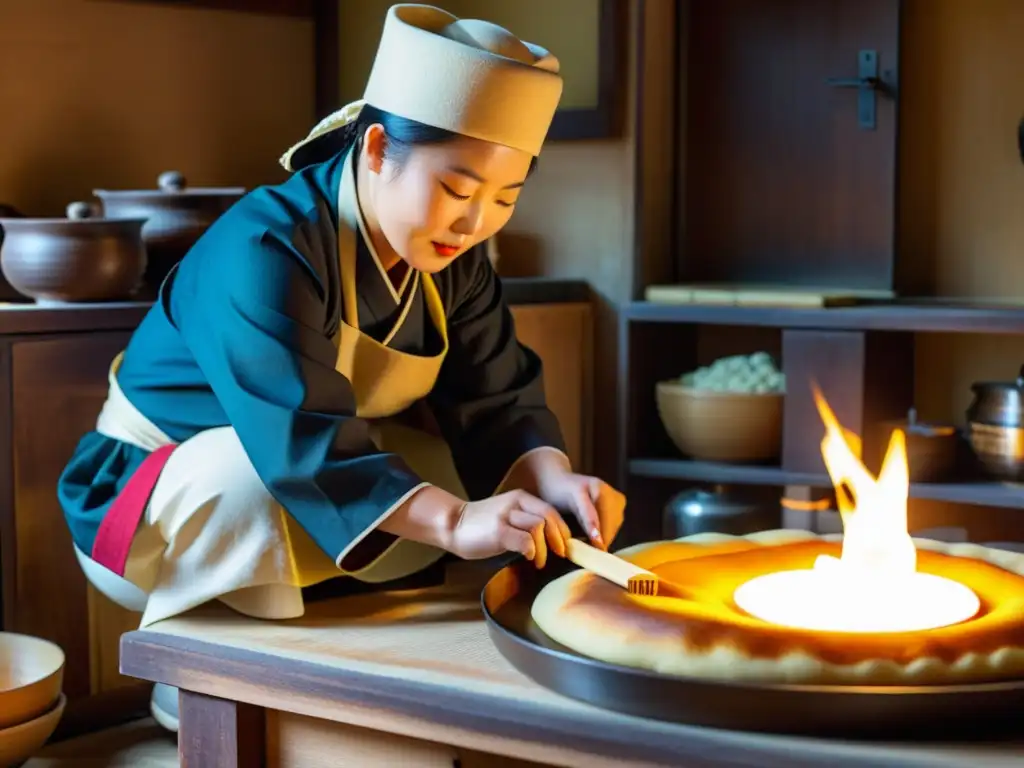 Un hábil artesano en traje coreano tradicional elabora cuidadosamente galletas tradicionales coreanas Yakgwa en una cocina rústica llena de utensilios tradicionales