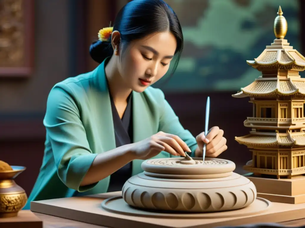 Un hábil artista en Asia esculpe detallada obra de arte en 3D, fusionando técnicas modernas con la rica herencia cultural