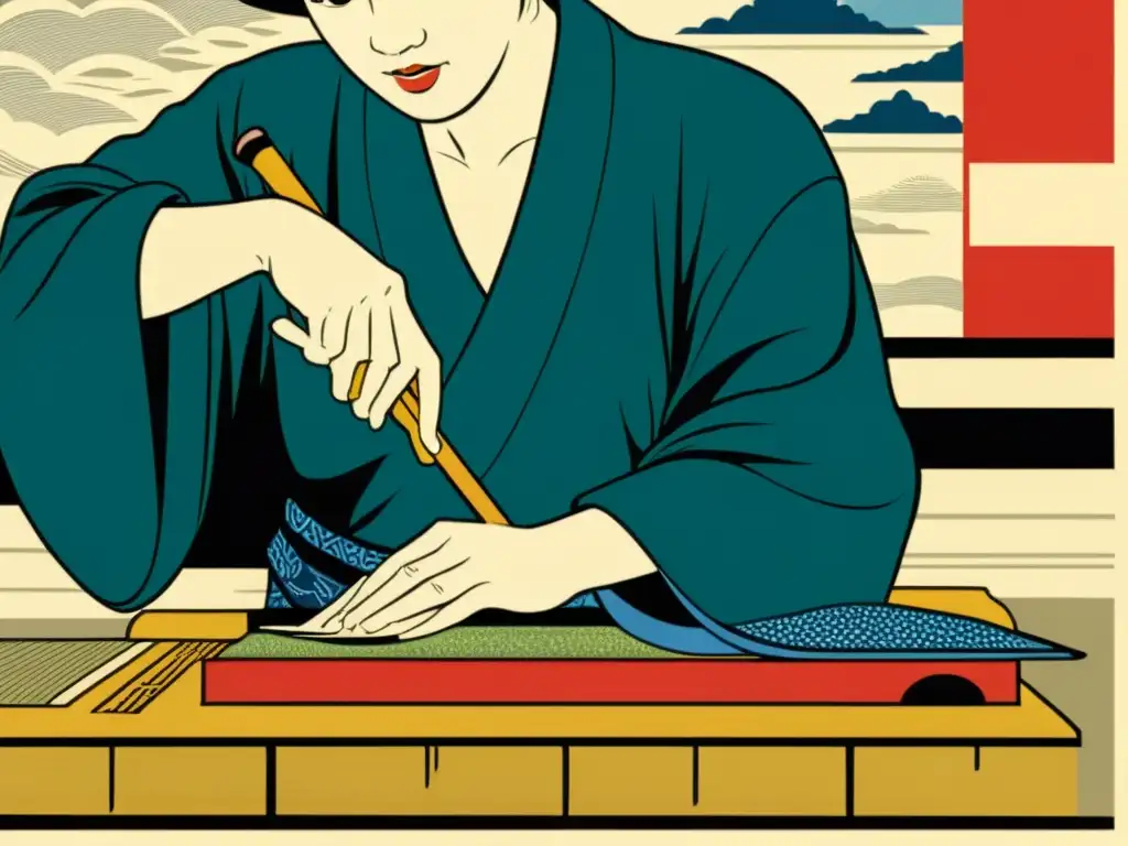 Un hábil artista japonés talla con precisión una impresionante xilografía de Ukiyoe, mostrando una escena vibrante de la vida en la ciudad