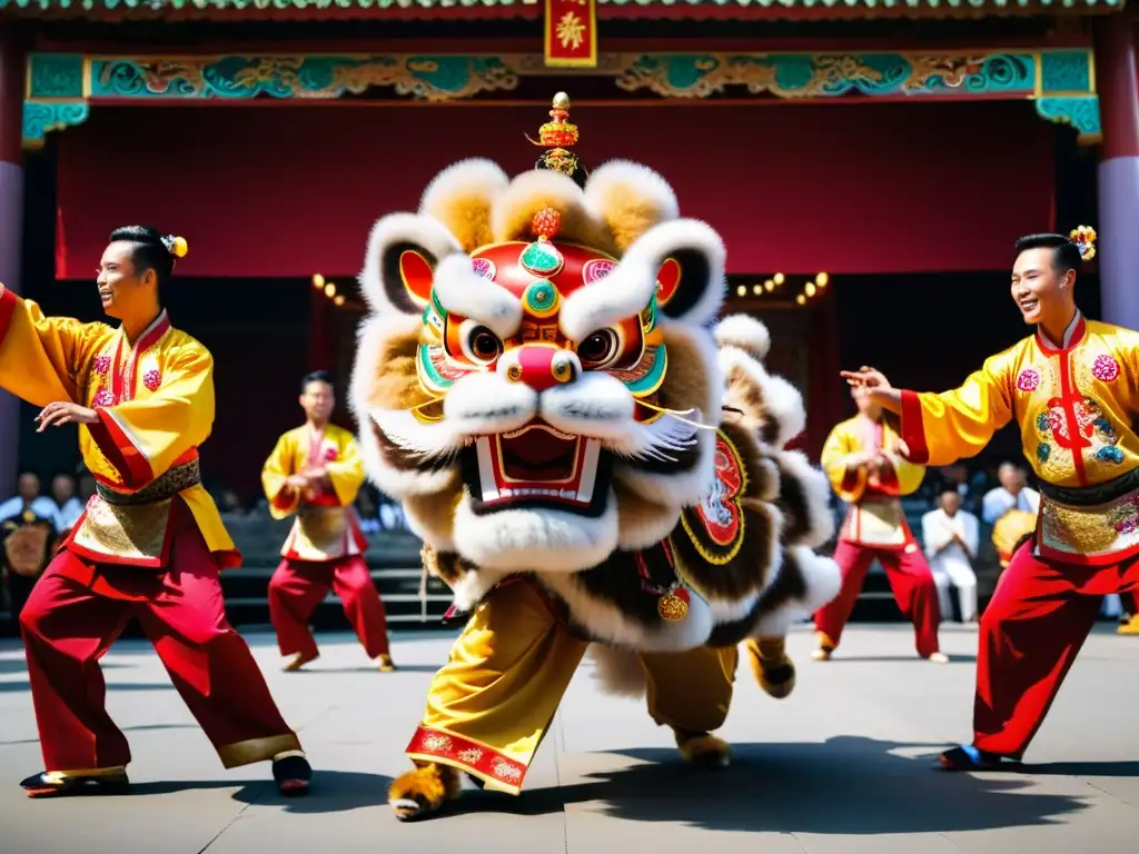 Un hábil artista marcial ejecuta la Danza del León estilo Kung Fu, rodeado de músicos en un traje vibrante y ornamental