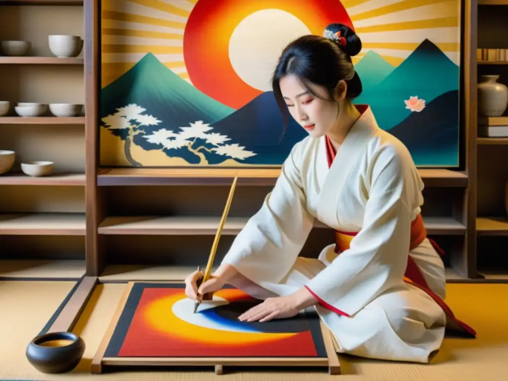 Un hábil artista Shinto restaura con delicadeza una antigua pintura de Amaterasu, la diosa del sol, en un ambiente sereno y espiritual