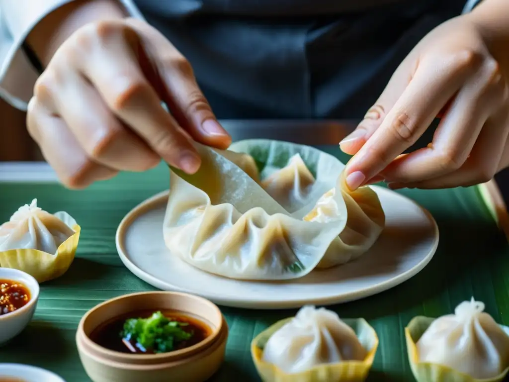 Un hábil chef de dim sum crea con destreza un delicioso bocado asiático, mostrando la evolución de la gastronomía global