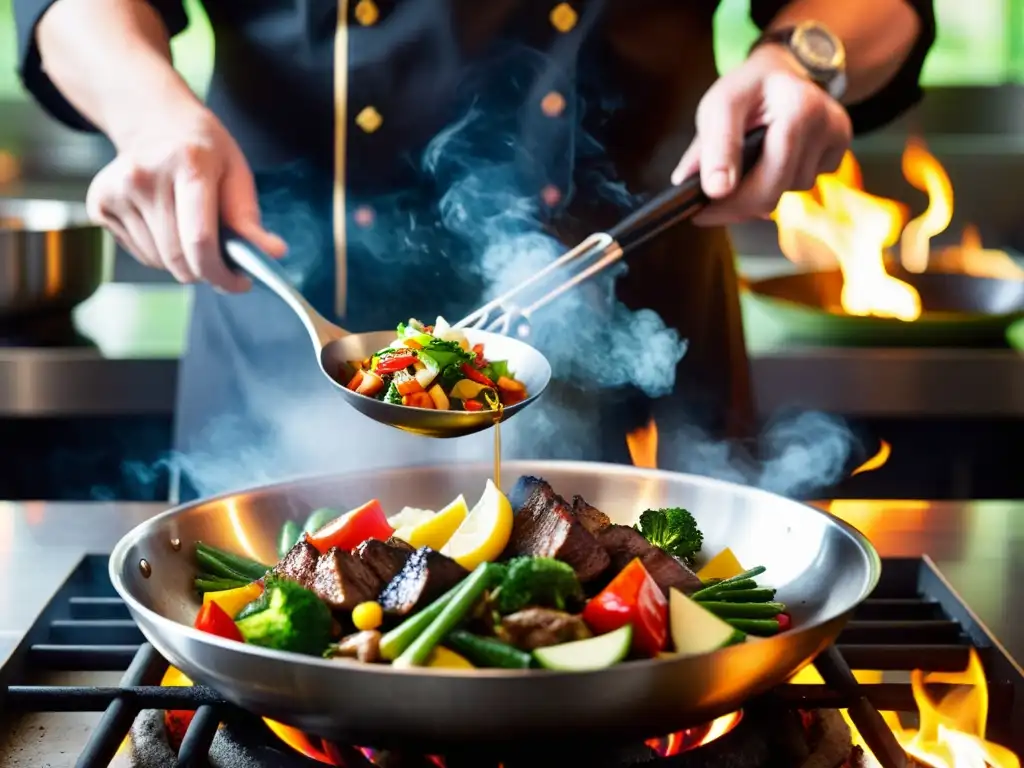 Un hábil chef prepara ingredientes vibrantes en un wok sobre el fuego, mostrando la maestría de la cocina china tradicional alta gama