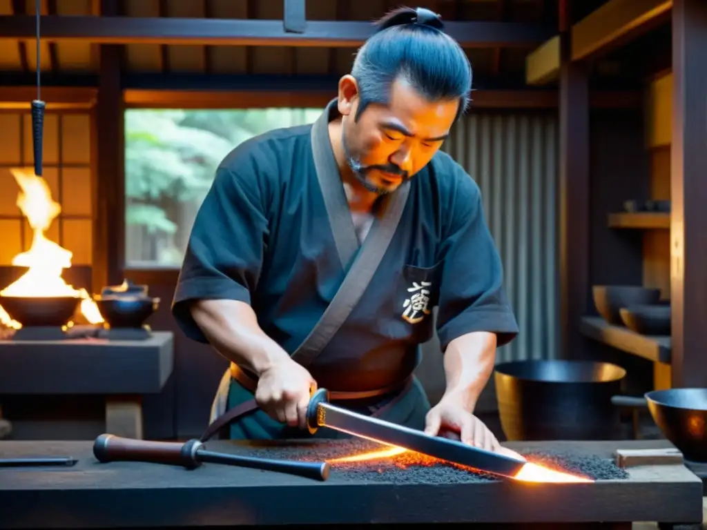 Un hábil herrero japonés forja una espada katana con precisión en su tradicional taller, iluminado por el cálido brillo de las brasas