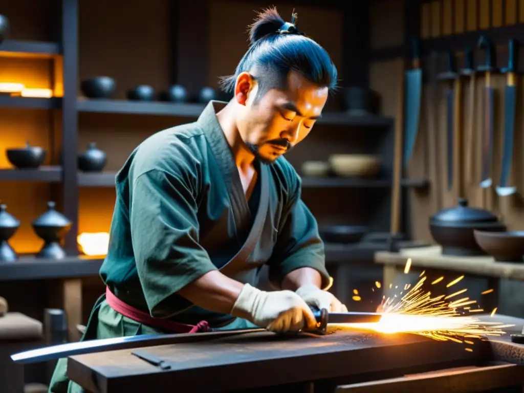 Un hábil herrero japonés forja una hoja de katana en su taller, rodeado de herramientas