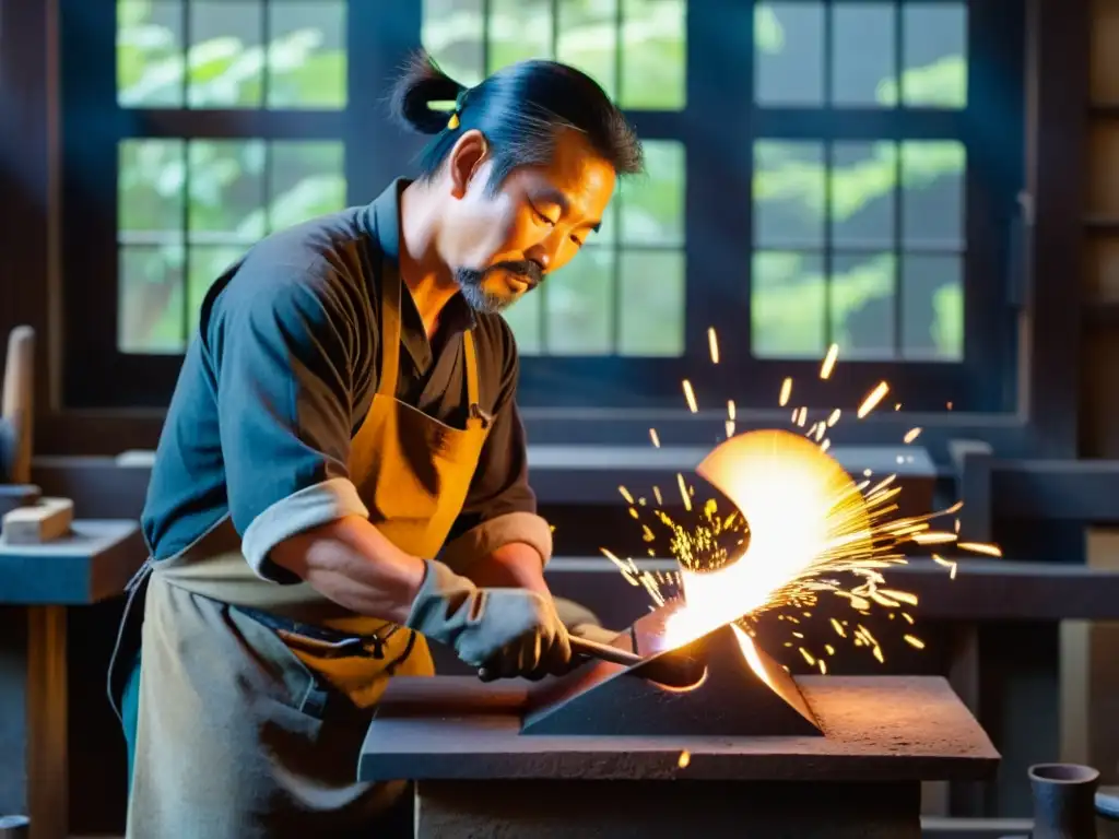 Un hábil herrero japonés forja con maestría, rodeado de herramientas antiguas y metalurgia intrincada en su taller